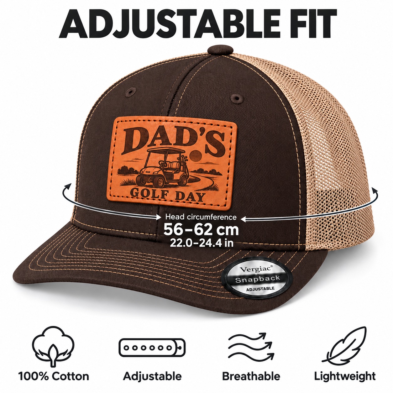 Dad's Golf Day Golf Cart Graphic Leather Patch Trucker Hat product details