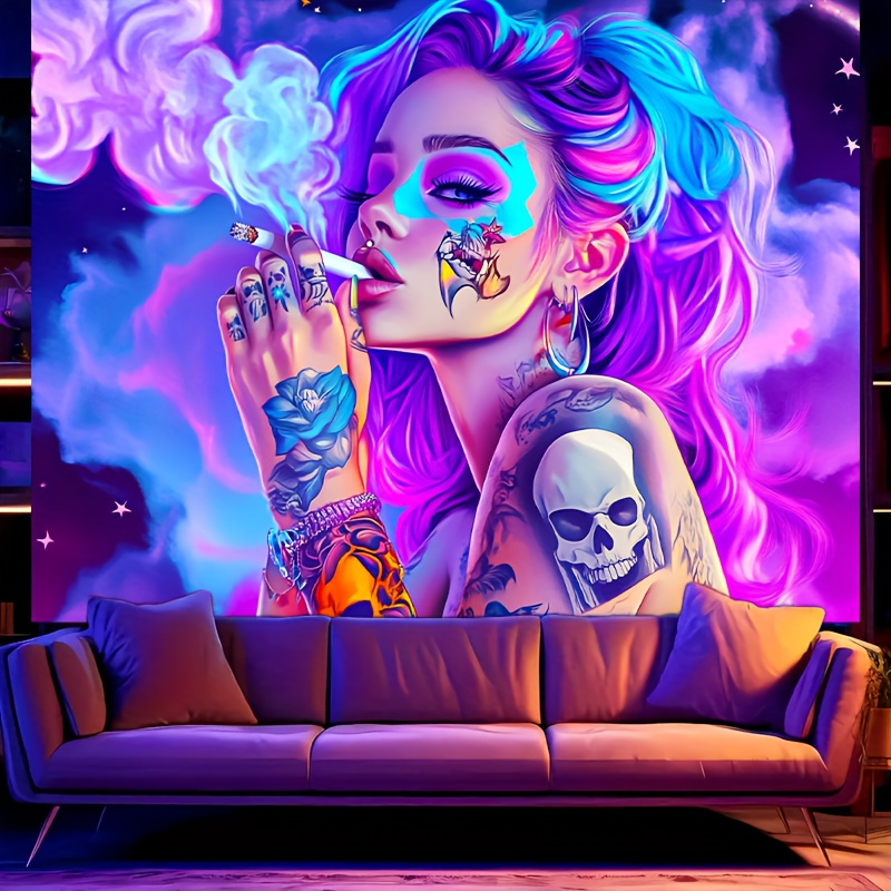 Fluorescent HEGO UV Black Light Tapestry Cool Purple Hair Tattoos Beauty Skeleton Accents Wall Art For Living Room Computer Room Esthetician Decor_voghion.com