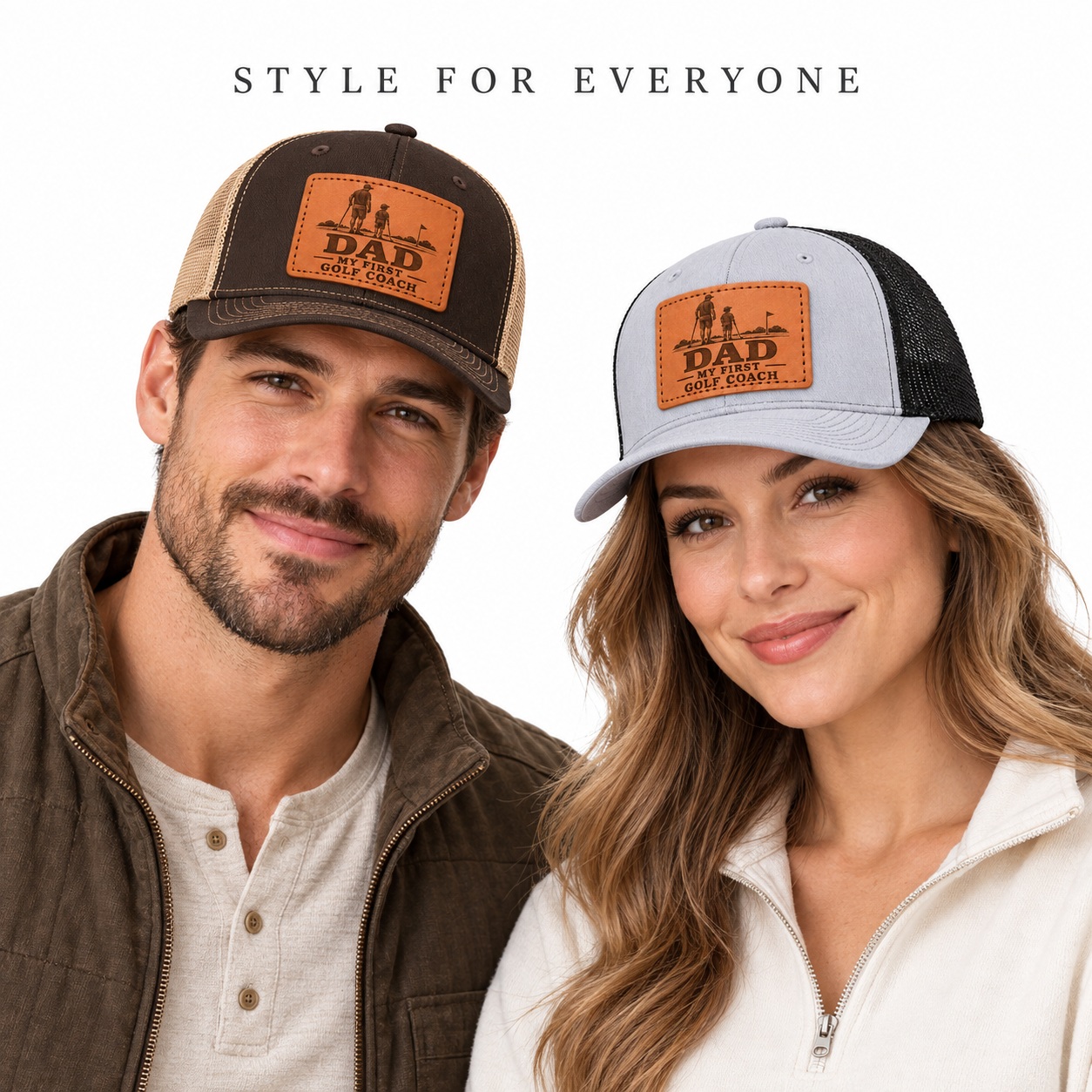 Dad My First Golf Coach Leather Patch Trucker Hat product details