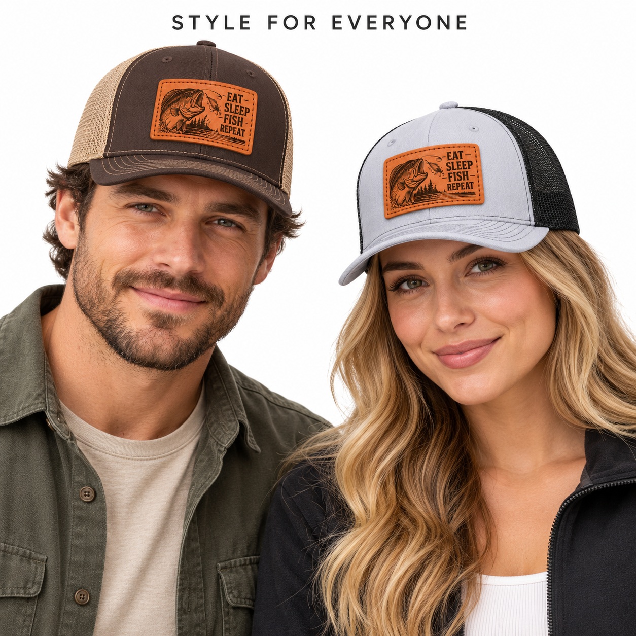 Eat Sleep Fish Repeat Leather Patch Trucker Hat product details