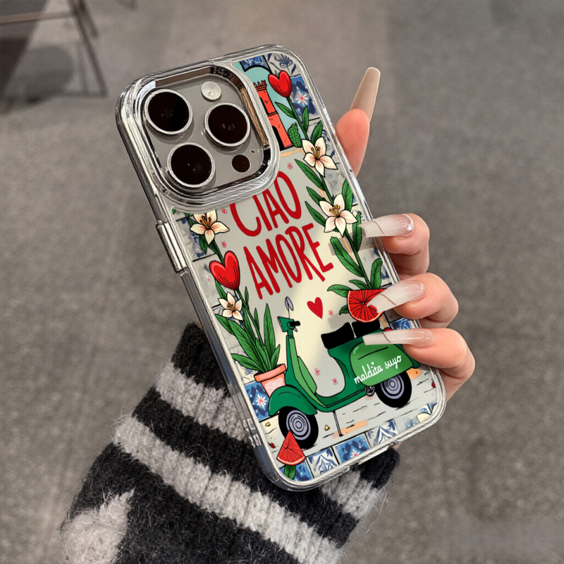 Ciao Amore Handyhülle mit italienischem Roller-Blumenmuster und Metallrahmen, passend für iPhone 17 Pro Max, 17 Pro, 17 Plus, 17, 16 Pro Max, 16 Pro, 16 Plus und 16_voghion.com