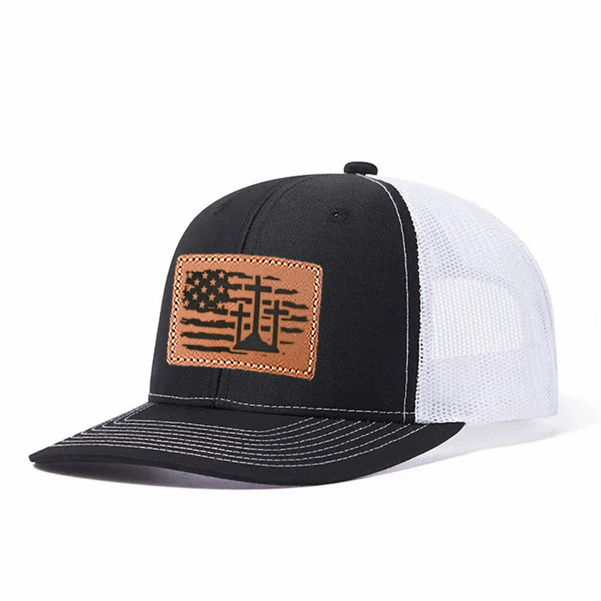 Us Flag Cross Leather Patch Trucker Hat product details