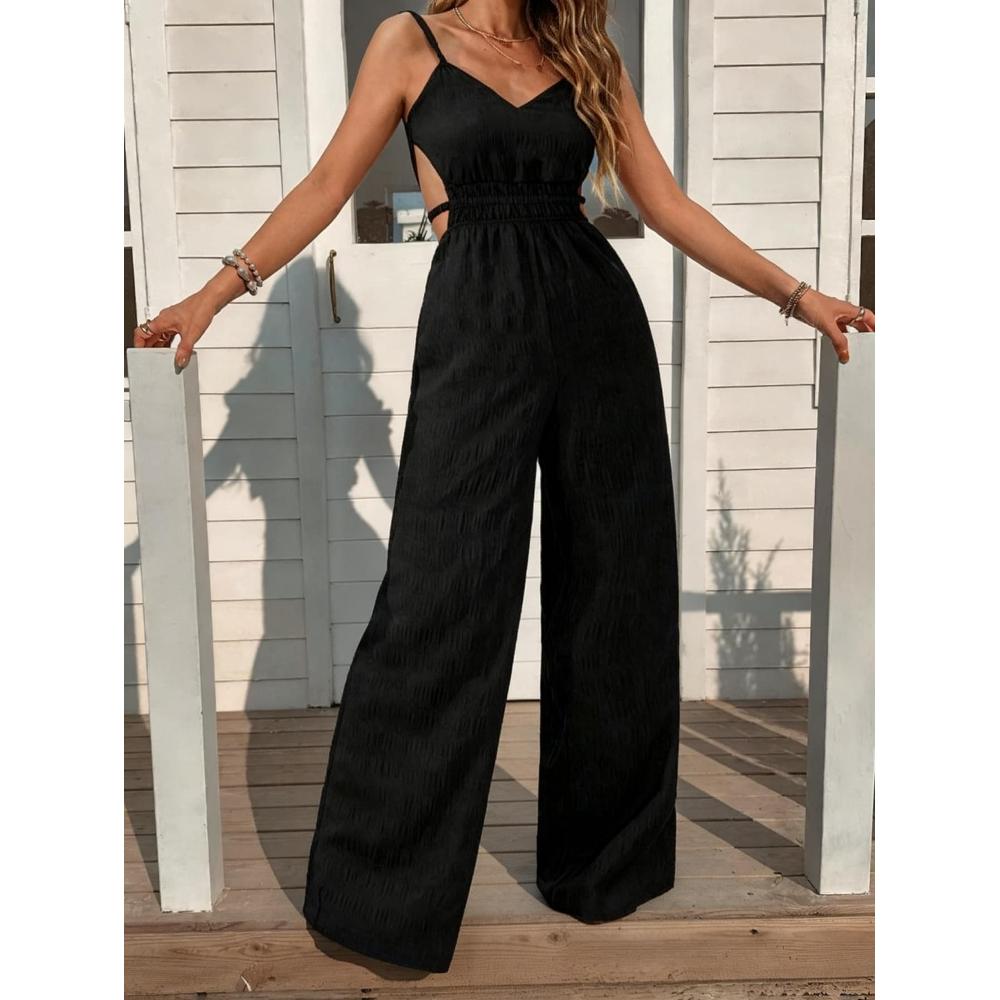 Holiday Style Women's Waist Suspender Jumpsuit, Thin And Breathable, Solid Color, Suspender Wide Legs, Travel_ecoleips.com