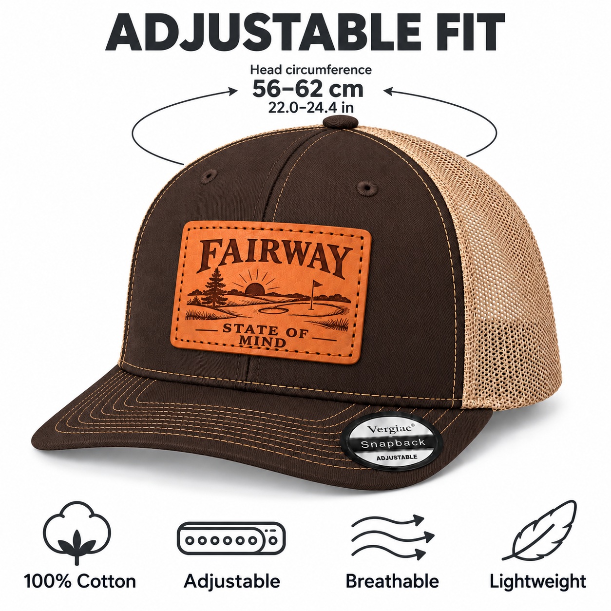 Fairway State Of Mind Golf Course Graphic Leather Patch Trucker Hat product details