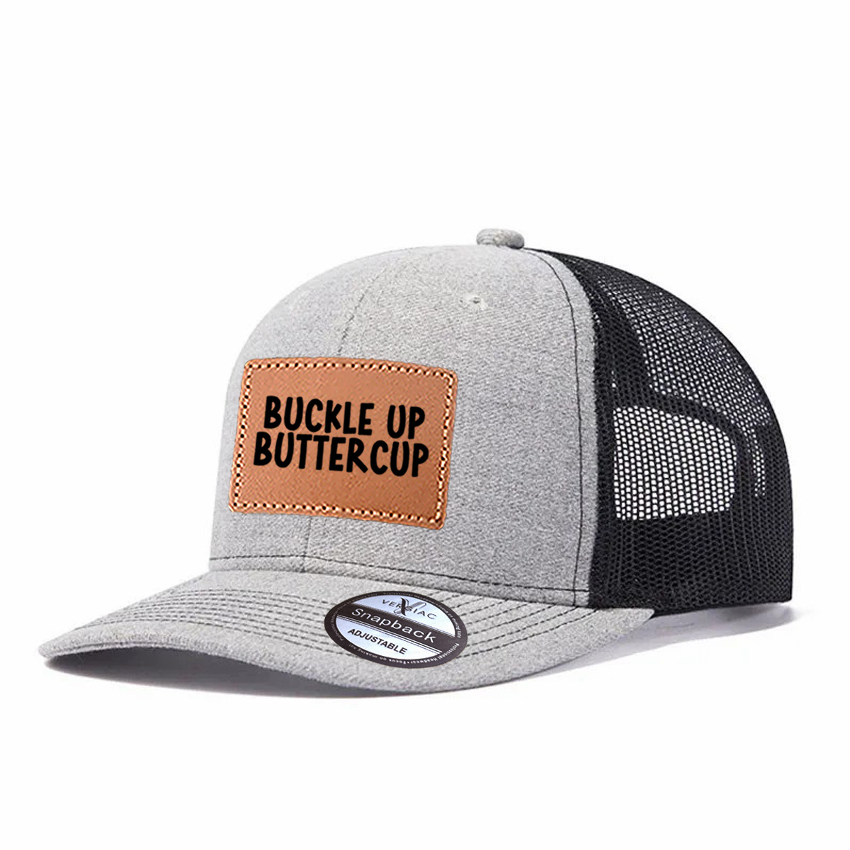 Buckle Up Buttercup Leather Patch Trucker Hat product details