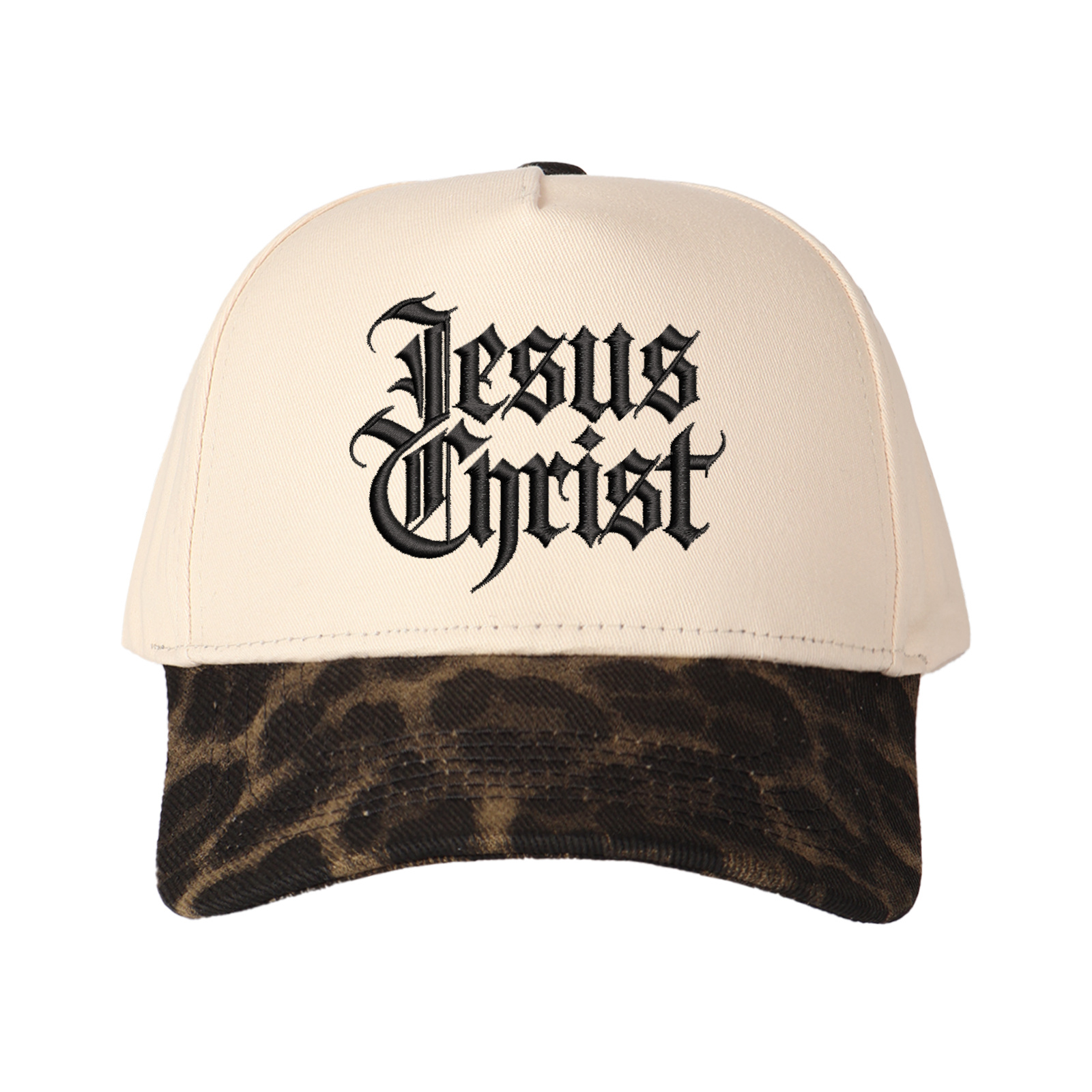 Gothic-style "Jesus Christ" Lettering Embroidered Trucker Hat product details