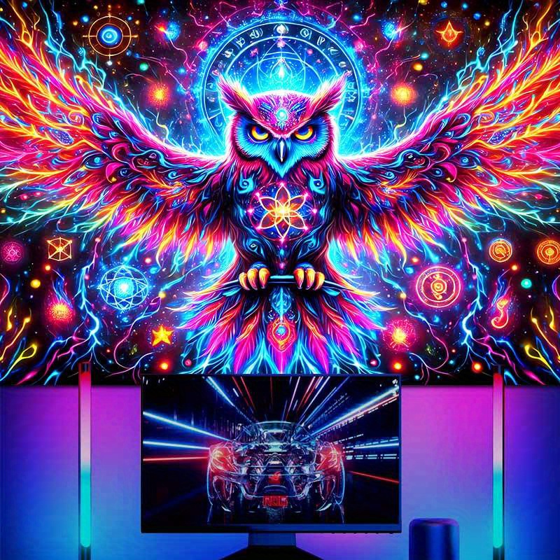 3D Neon Vibrant Owl Tapestry Premium Polyester Wall Hanging Colorful Psychedelic Glowing Orbs Stars Home Decor For Bedroom Gaming Themed Rooms_voghion.com