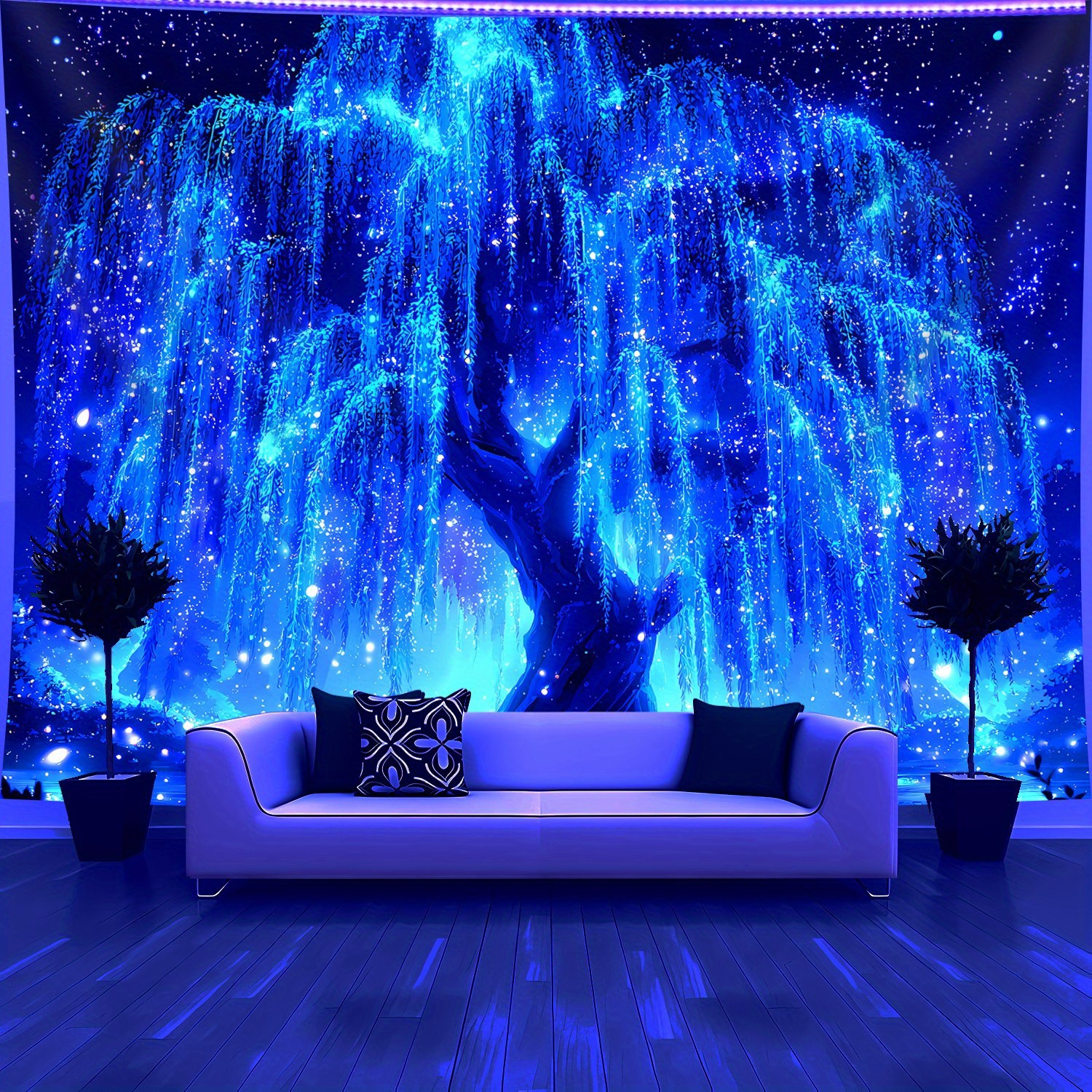 Brilliant Starry Sky Tree Of Life - Glows Under Fluorescent Light - Fluorescent Printed Tapestry, Bedroom Aesthetic Hanging Tapestry_voghion.com