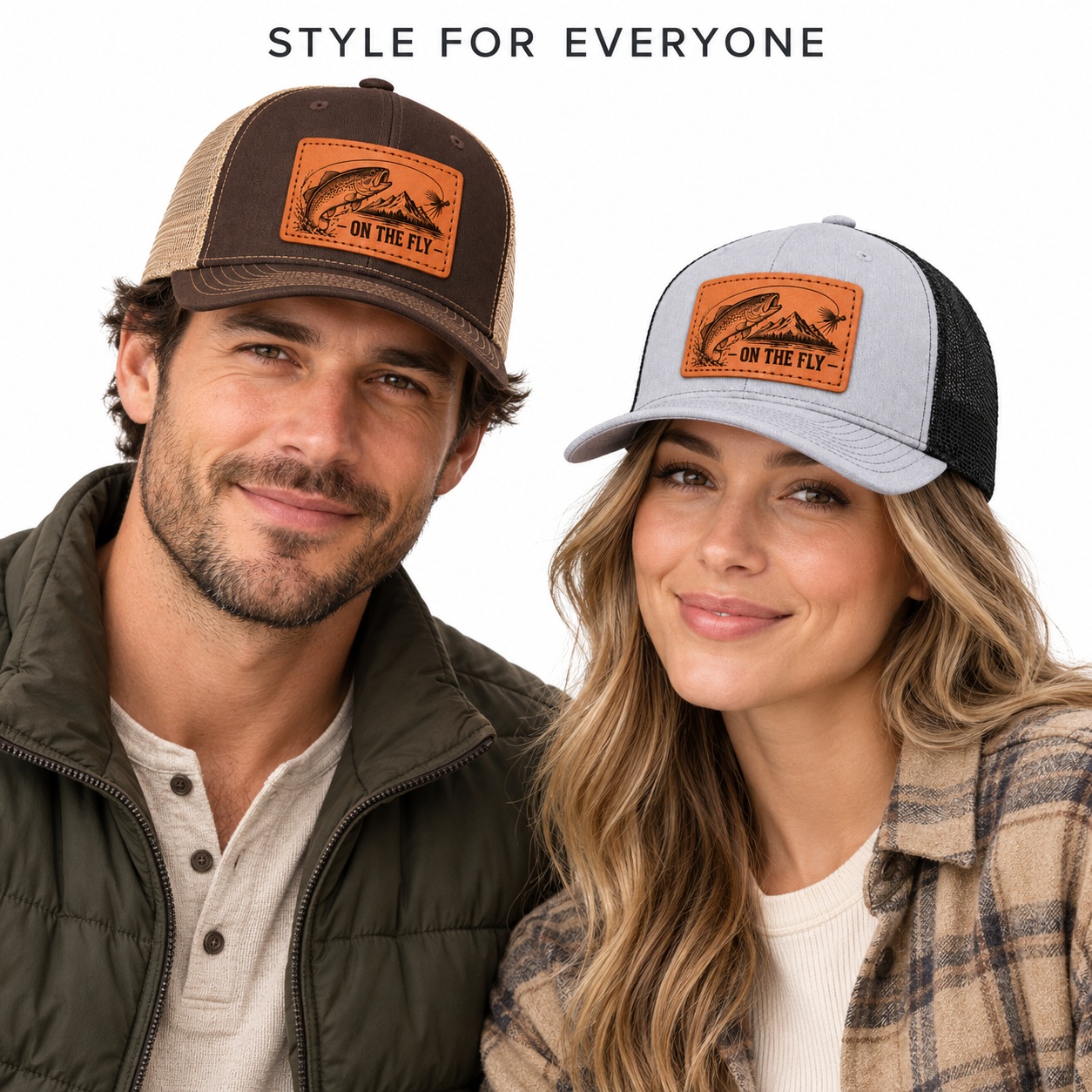 On The Fly Trout Fly Fishing Graphic Leather Patch Trucker Hat product details