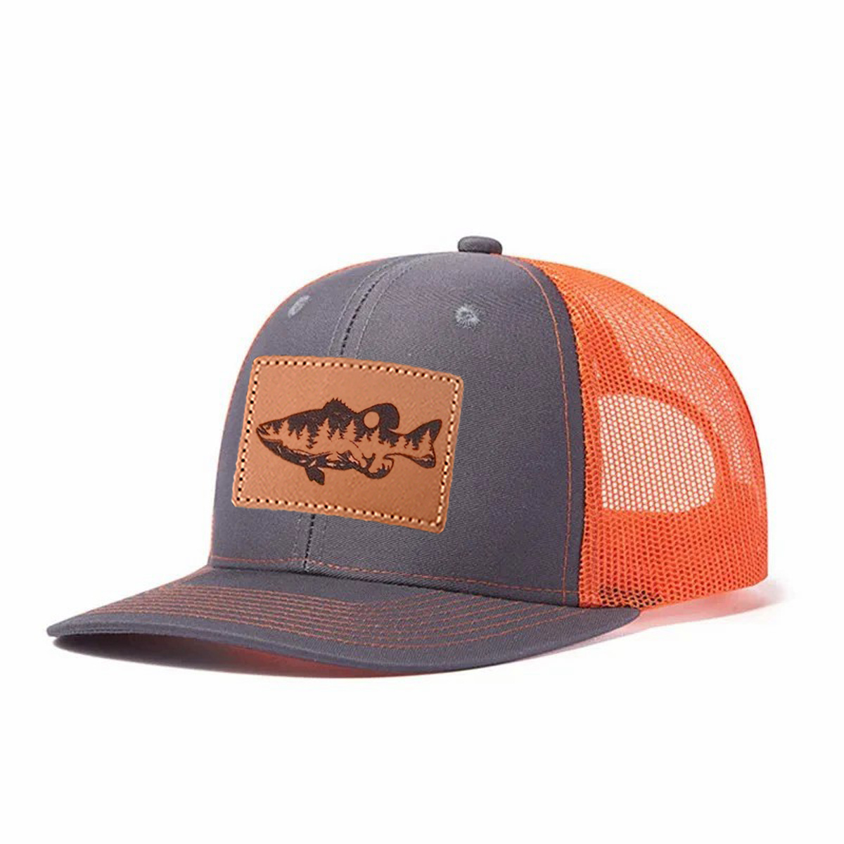 Largemouth Bass Scene Leather Patch Trucker Hat product details