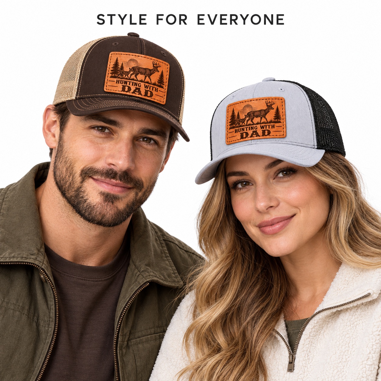 Hunting With Dad Deer And Pine Tree Graphic Leather Patch Trucker Hat product details