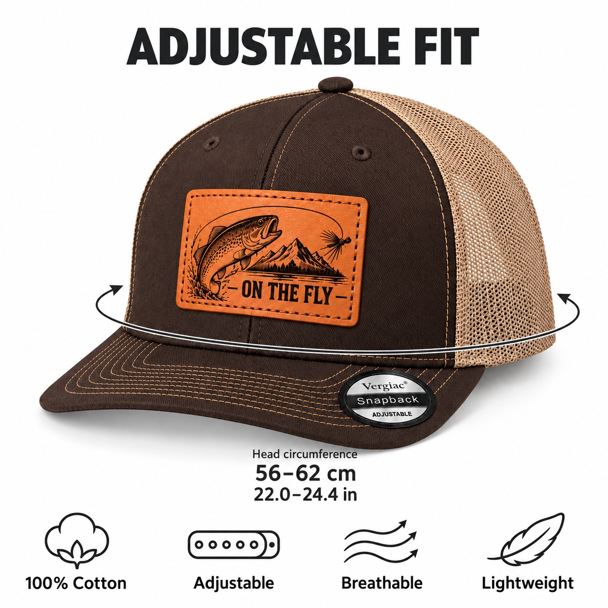 On The Fly Trout Fly Fishing Graphic Leather Patch Trucker Hat product details