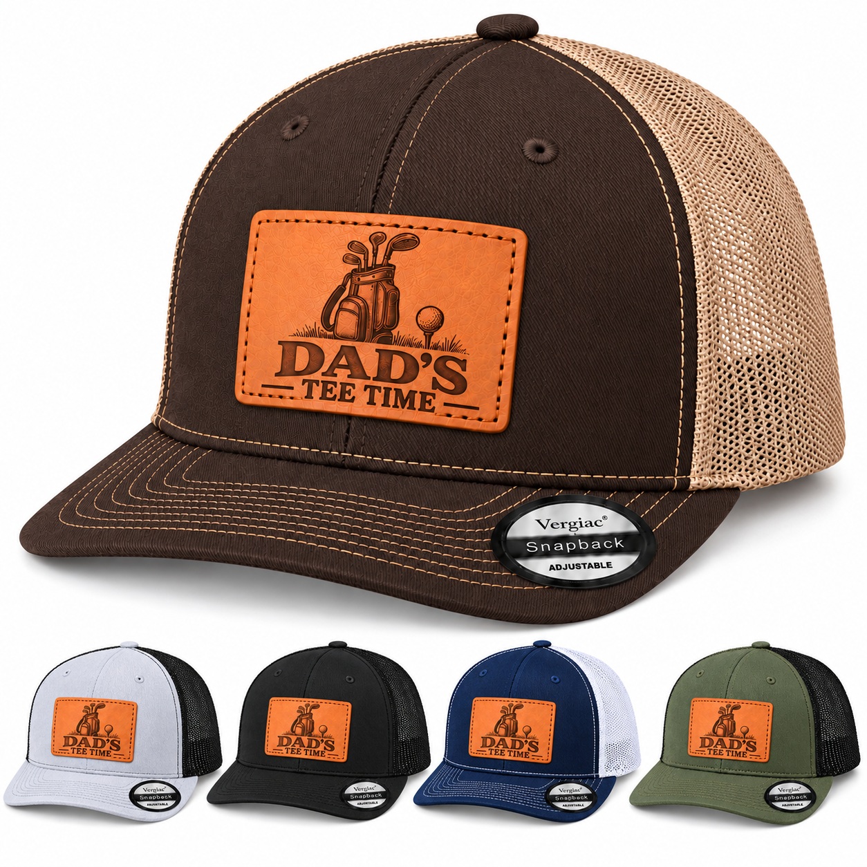 Dad's Tee Time Golf Club Graphic Leather Patch Trucker Hat product details