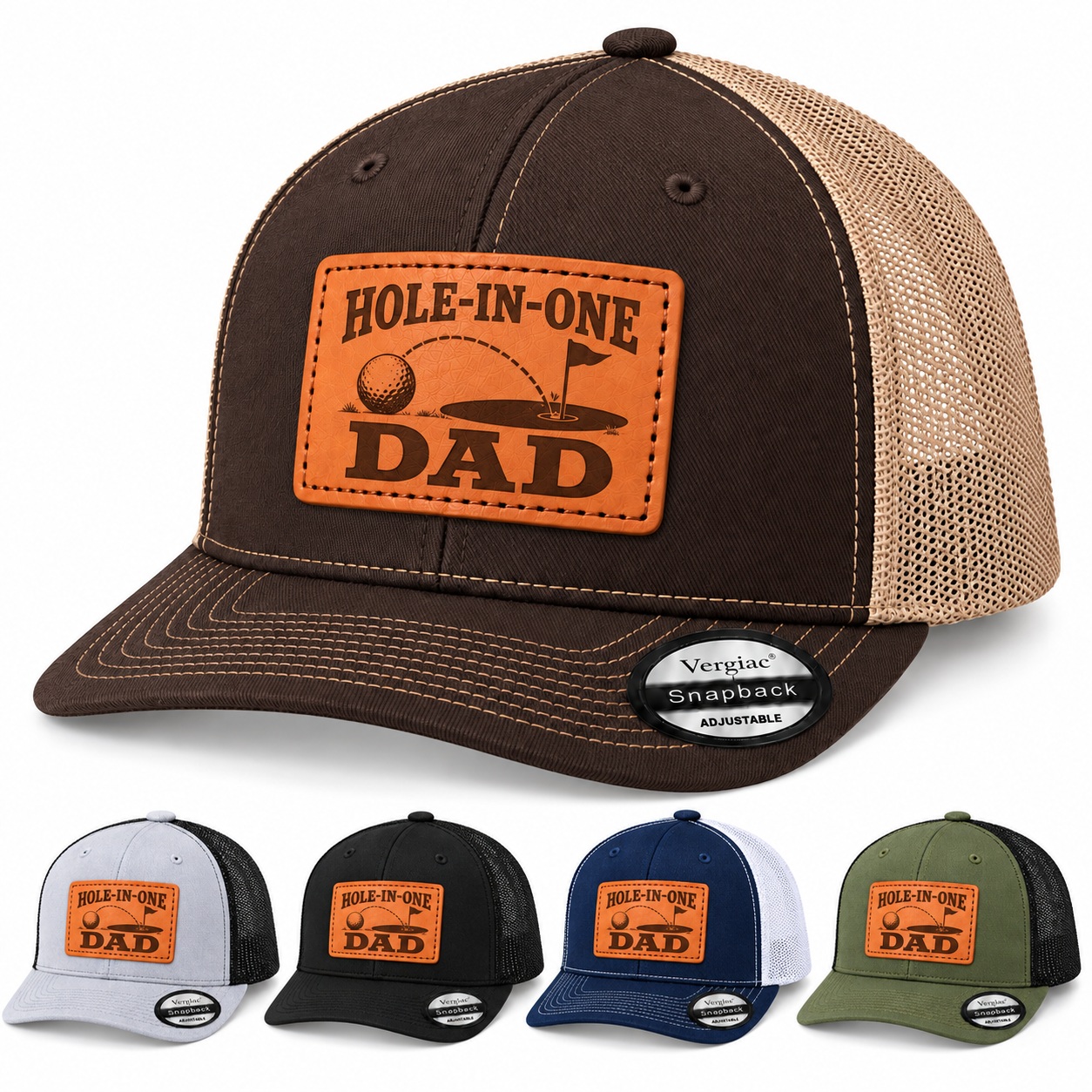 Hole-in-one Dad Golf Hole And Flag Graphic Leather Patch Trucker Hat product details