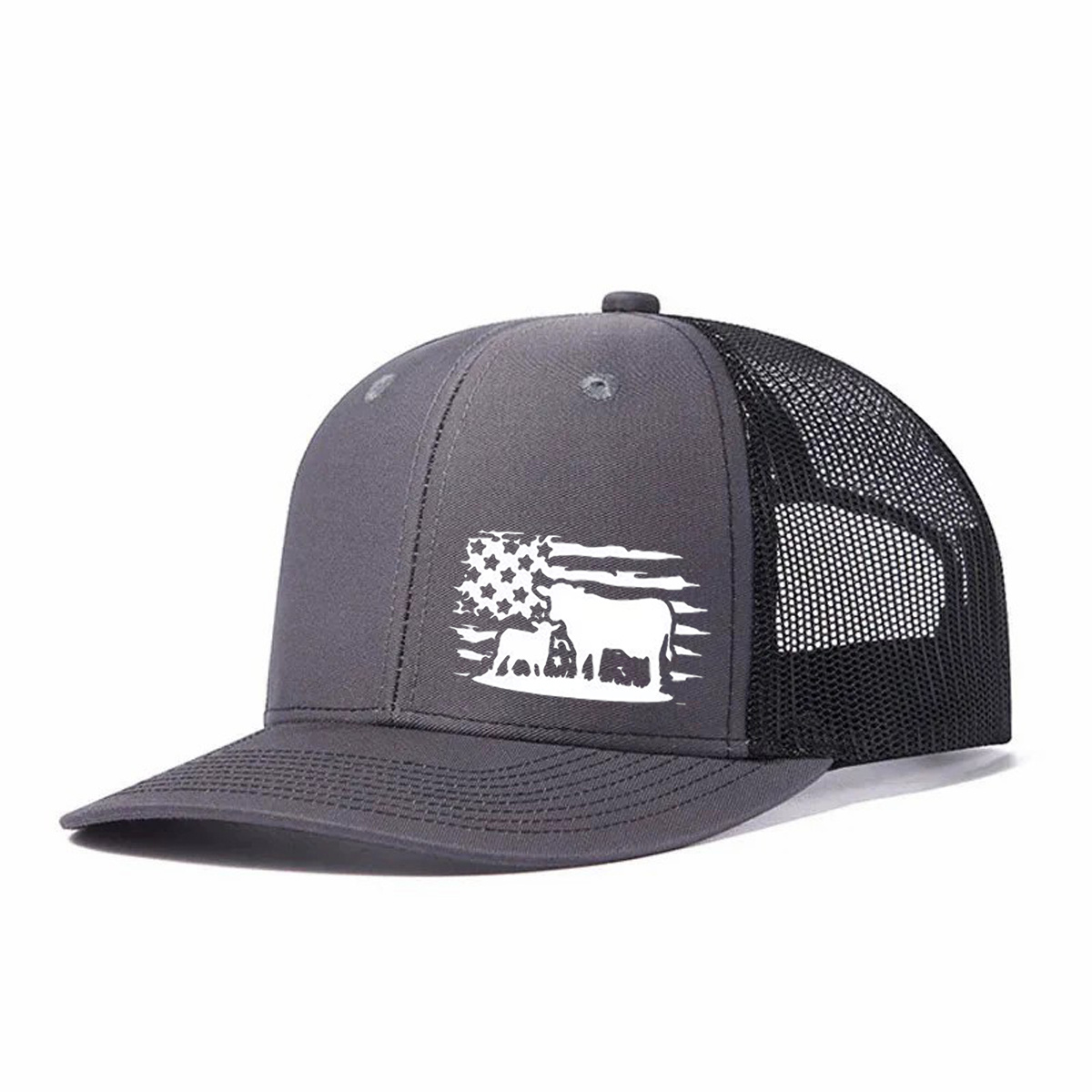 American Flag And Cattle Silhouette Leather Patch Trucker Hat product details