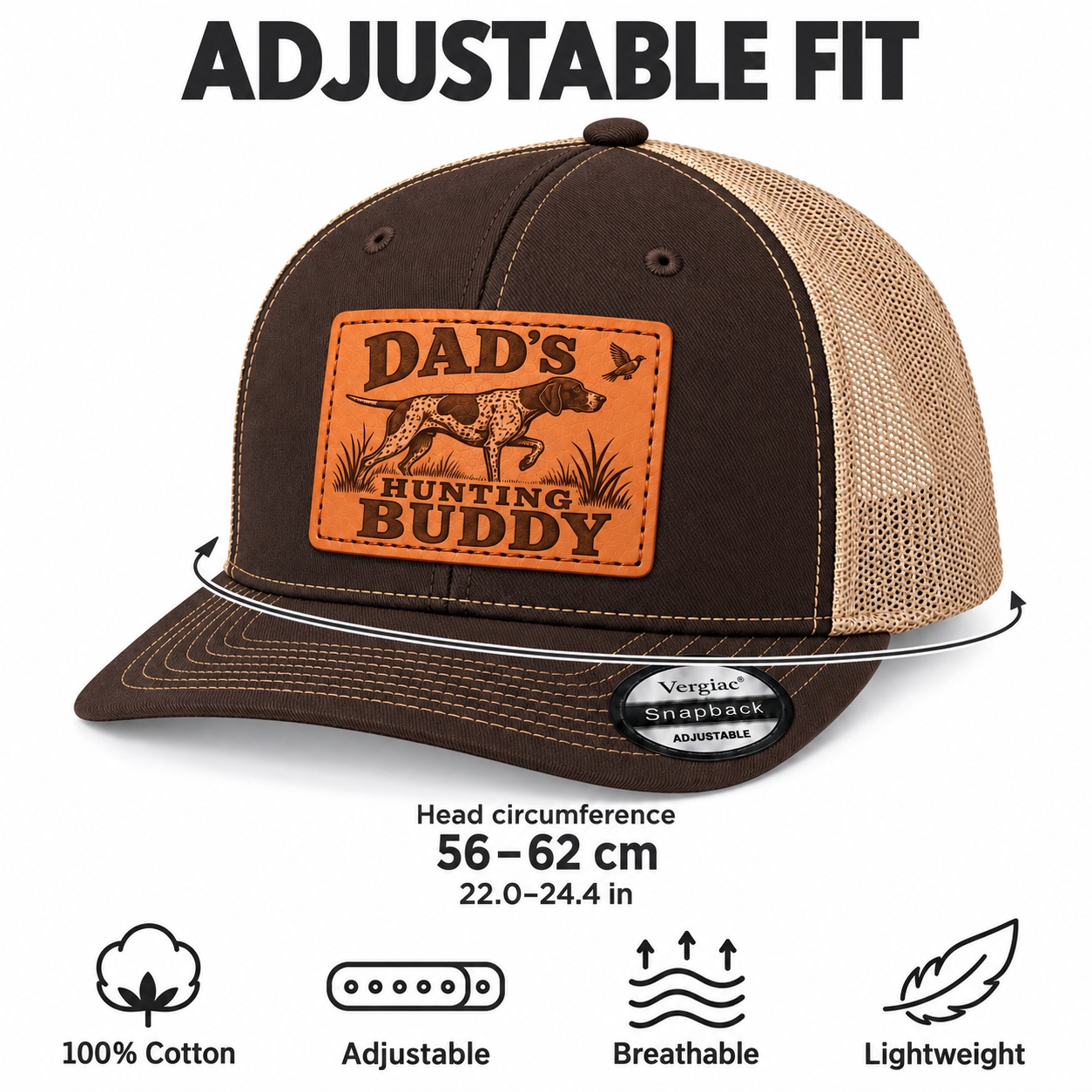 Dad's Hunting Buddy Hunting Dog And Bird Graphic Leather Patch Trucker Hat product details