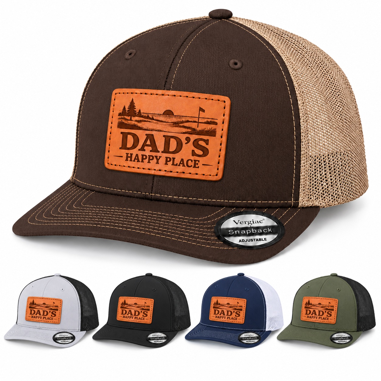 Dad's Happy Place Sunset Golf Course Graphic Leather Patch Trucker Hat product details