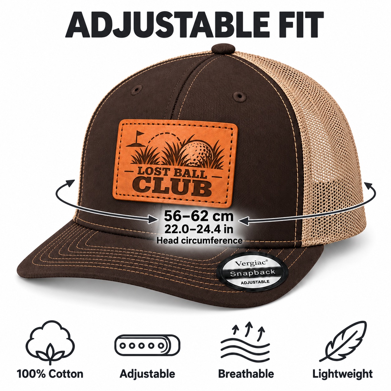 Lost Ball Club Golf Graphic Leather Patch Trucker Hat product details
