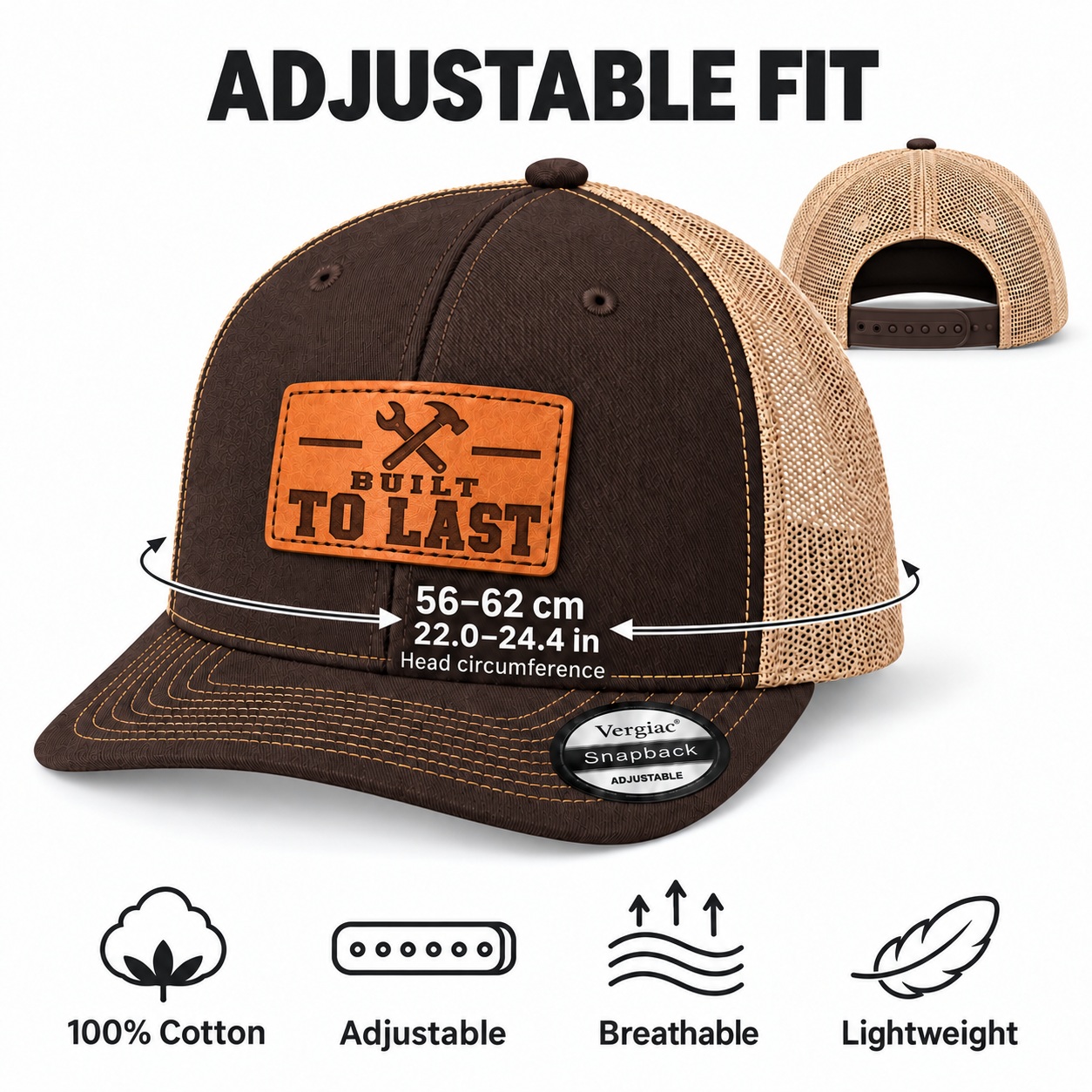 Built to Last Leather Patch Trucker Hat product details