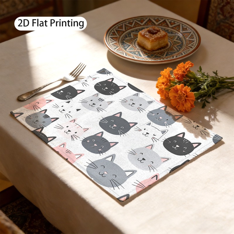 Set van 4 speelse placemats met kattengezichtjes en kattenprint. Een vrolijke, opvallende print, 30 x 45 cm (12 x 18 inch)._voghion.com