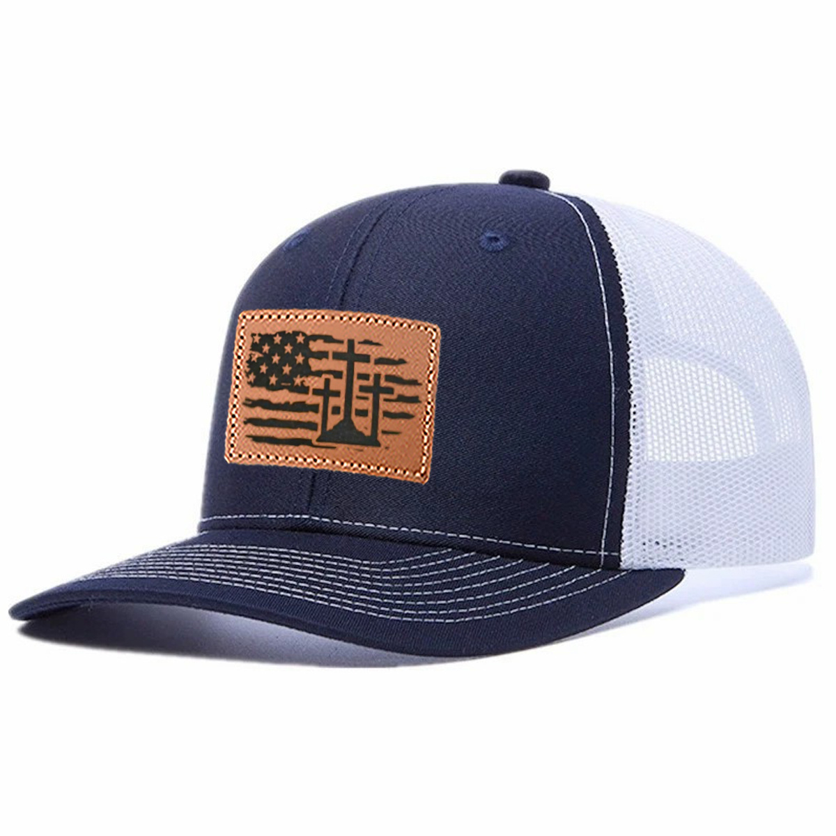 Us Flag Cross Leather Patch Trucker Hat product details