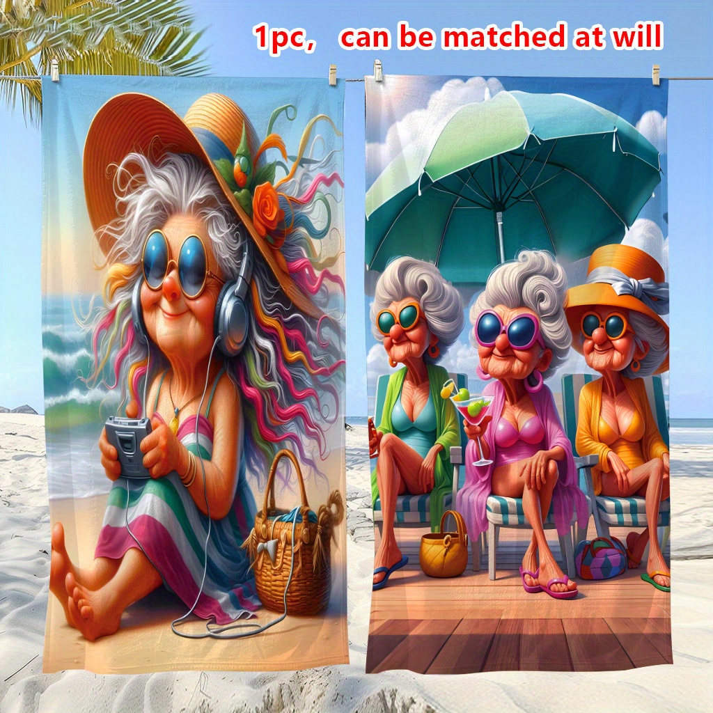 Grannies Pattern Vacation Themed Beach Towel Soft Lightweight Beach Towel Perfect For Couples Great Gift Summer Outdoor Travel Swimming Fitness Yoga_voghion.com