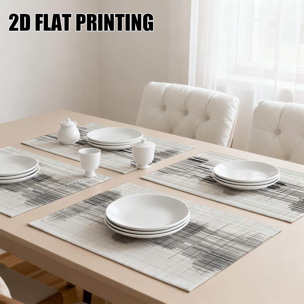 4er-Set Tischsets aus Stoff mit abstraktem, linearem, grauem Skizzenmuster. Elegante rechteckige Tischsets, geeignet für Esszimmer, Küche und als Geschenk._voghion.com