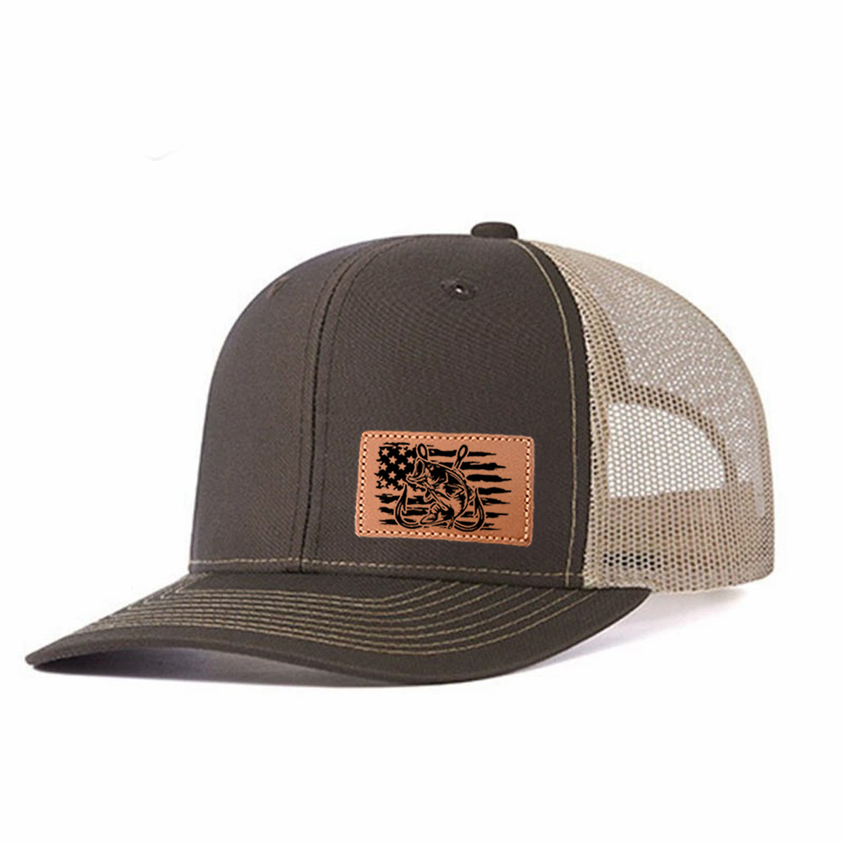 Fishing-themed Leather Patch Trucker Hat product details