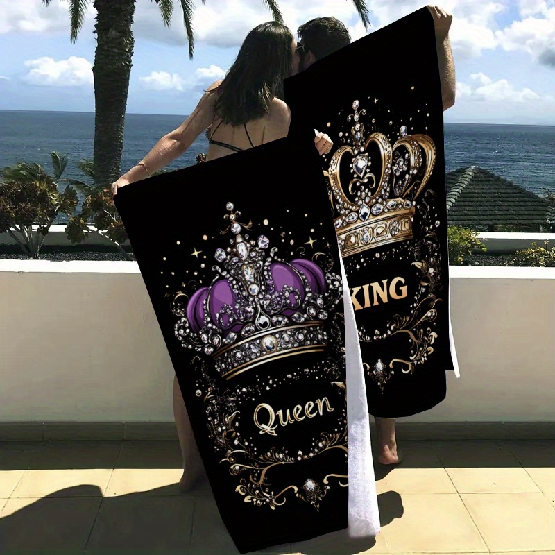 Set Two King Queen Crowns Quick Dry Beach Towels Couples Soft Durable Polyester Microfiber Absorbent Lightweight Coastal Style Summer Beach Essential_voghion.com
