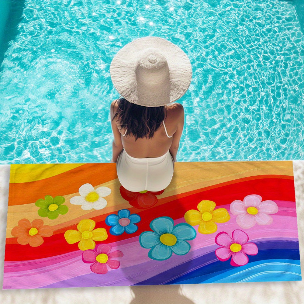 1pc Of Oversized Quick-Drying Beach Towel - Highly Absorbent, Soft, Ideal For Pool, Traveling, And Camping - Featuring A Floral And Striped Pattern_voghion.com