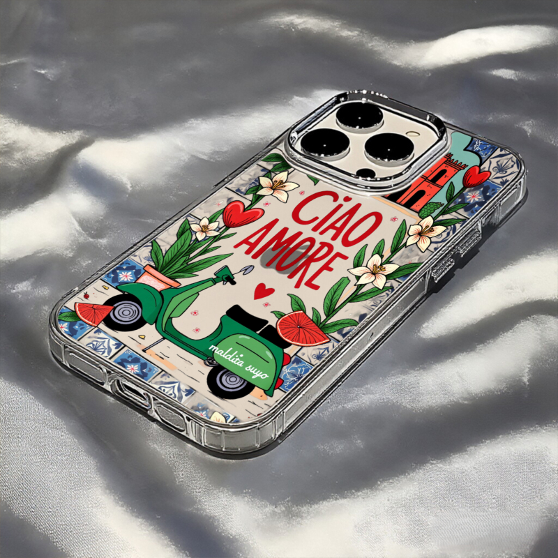 Ciao Amore Handyhülle mit italienischem Roller-Blumenmuster und Metallrahmen, passend für iPhone 17 Pro Max, 17 Pro, 17 Plus, 17, 16 Pro Max, 16 Pro, 16 Plus und 16_voghion.com