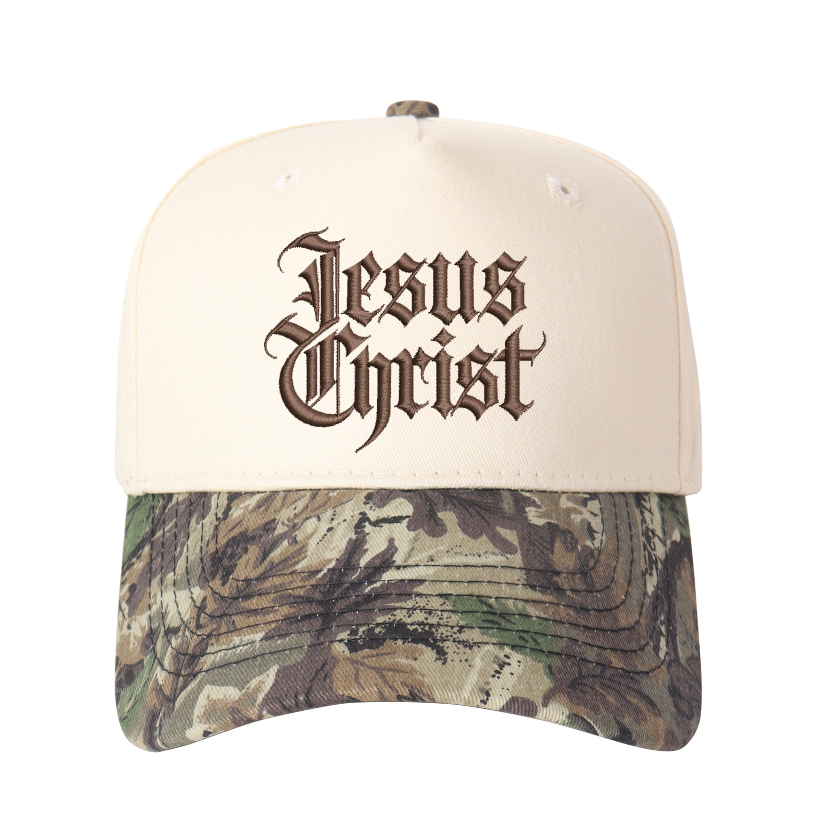 Gothic-style "Jesus Christ" Lettering Embroidered Trucker Hat product details