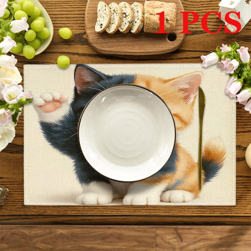 1/4/6 rechteckige Platzsets – 30,48 x 45,72 cm, Untersetzer mit Katzenmotiven und niedlichen 2D-Cartoon-Elementen, strapazierfähige und waschbare Tischsets aus Polyester_voghion.com