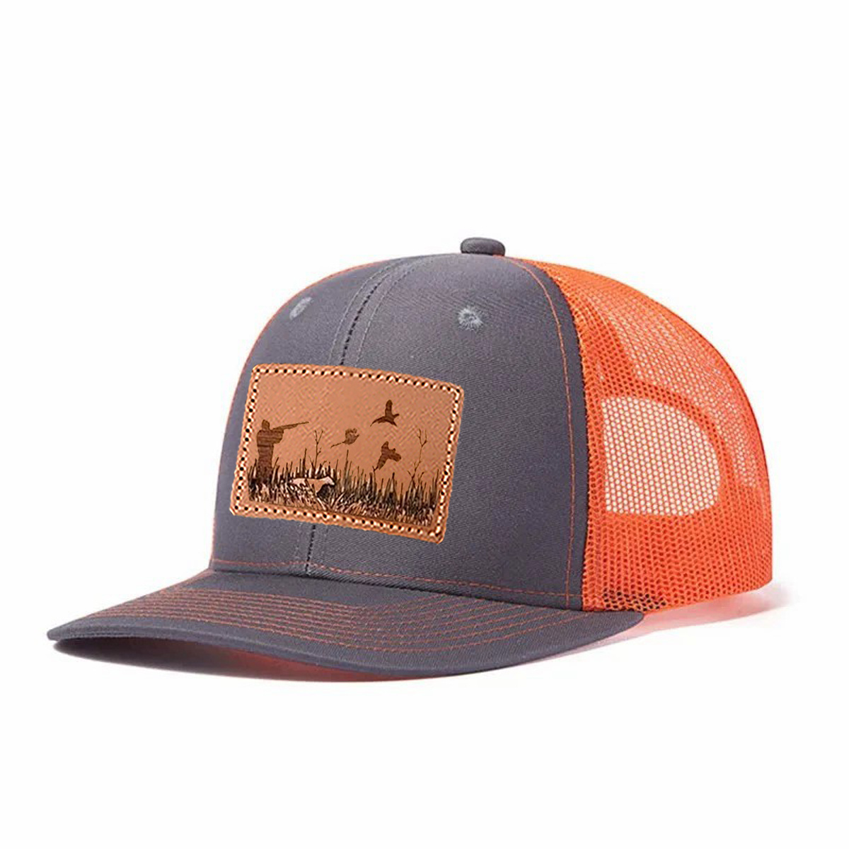 Upland Bird Hunting Scene Leather Patch Trucker Hat product details