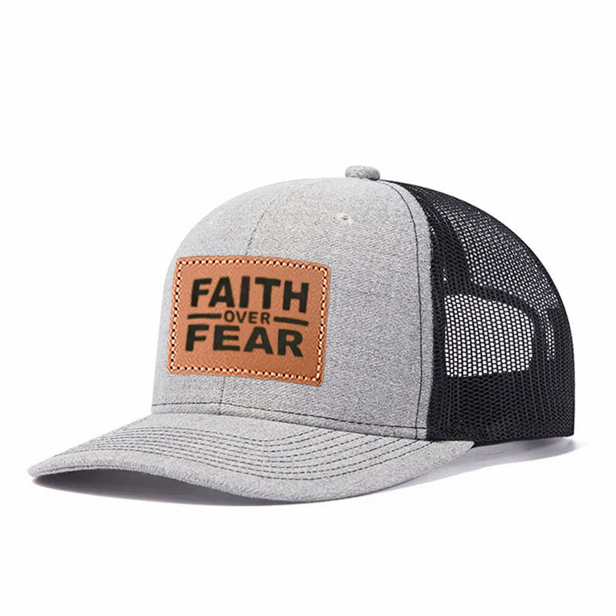 Faith Over Fear Leather Patch Trucker Hat product details