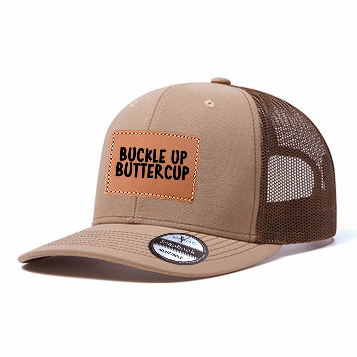 Buckle Up Buttercup Leather Patch Trucker Hat product details
