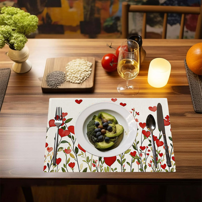 4/6 Tischsets mit rotem Herz- und Pflanzenmotiv zum Valentinstag, Dekorationen für Jubiläen und Hochzeiten mit Blatt- und Blumenmustern für die Küche_voghion.com