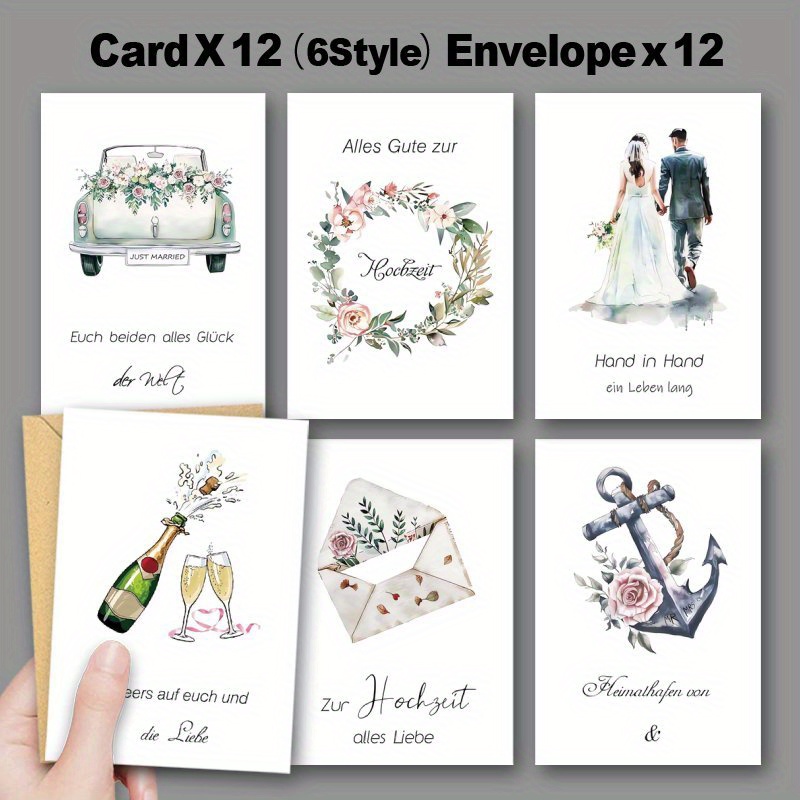 Set di 24 biglietti di auguri per matrimonio in stile acquerello tedesco con buste: 6 esclusivi design floreali vintage, pagine vuote_voghion.com
