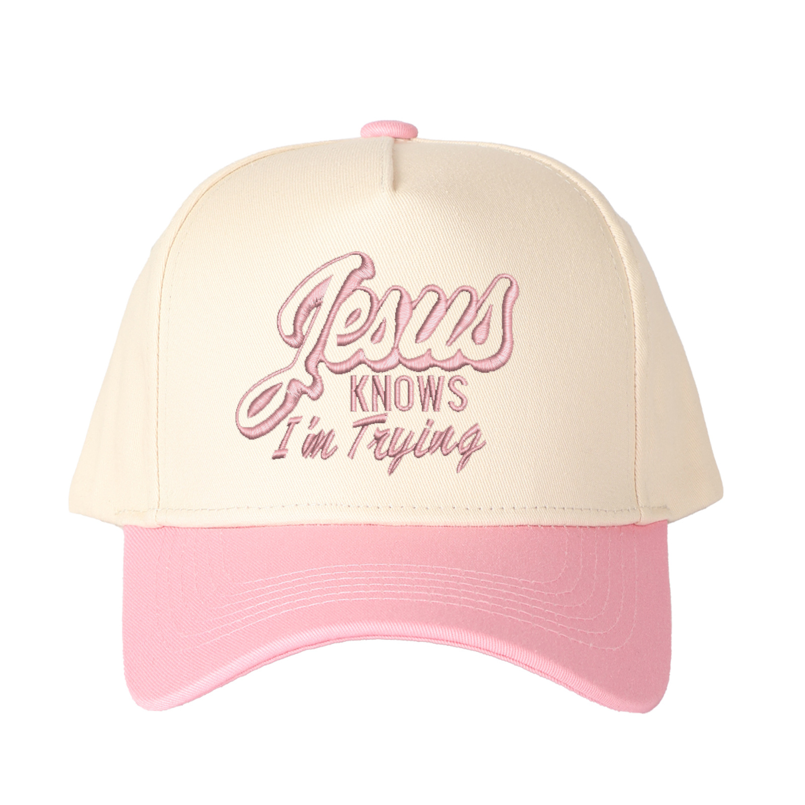 Jesus Knows I'm Trying Embroidered Trucker Hat product details