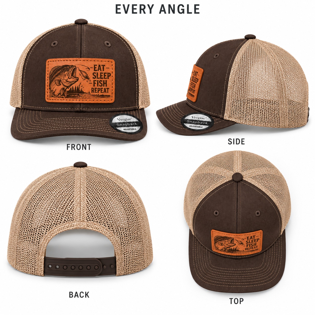 Eat Sleep Fish Repeat Leather Patch Trucker Hat product details