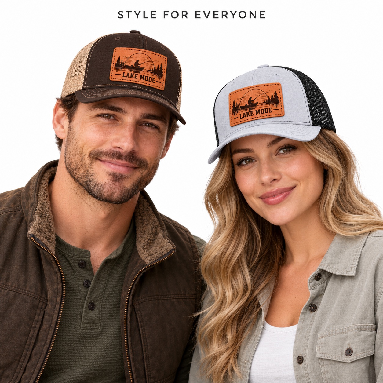 Lake Mode Lake Fishing Graphic Leather Patch Trucker Hat product details