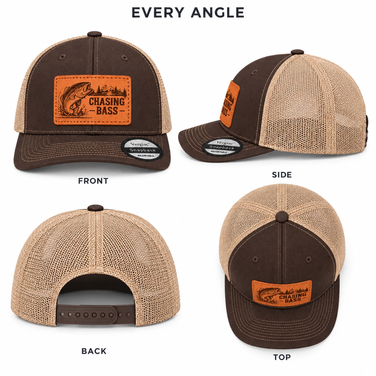 Chasing Bass Bass Fishing Graphic Leather Patch Trucker Hat product details