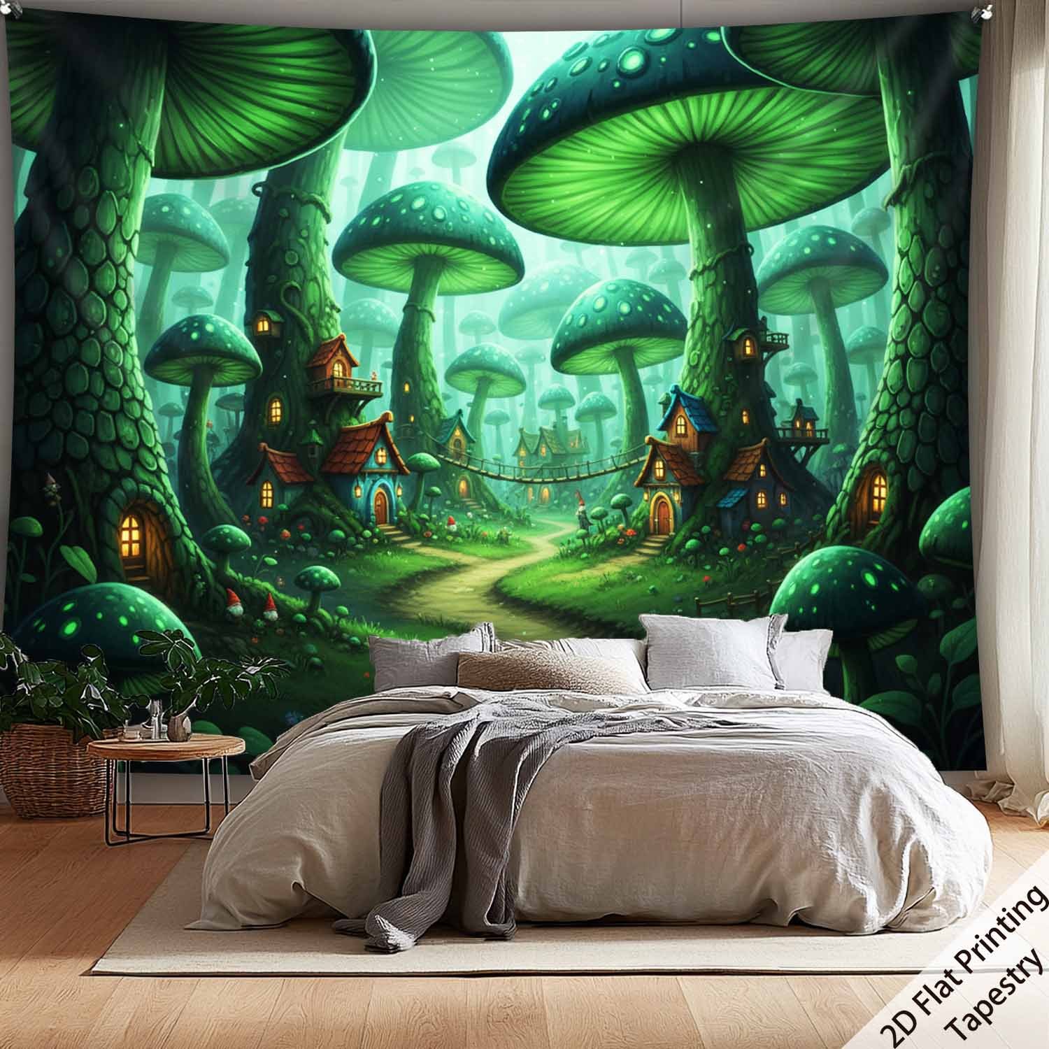 Tapisserie murale extra large en polyester, motif forêt de champignons et plantes, impression numérique HD, inspirée par la nature. Décoration murale avec clips de suspension inclus. Format plat 2D._voghion.com