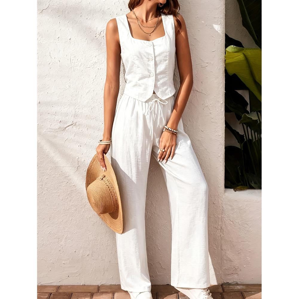 Casual Style Women's Sleeveless Vest Wide-leg Pants Set, Thin And Breathable, Solid Color, Loose Suspenders, Daily Commuting_ecoleips.com