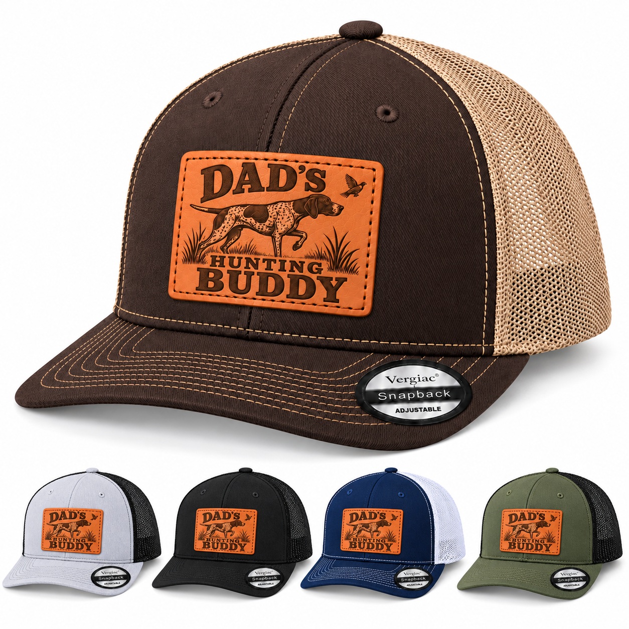 Dad's Hunting Buddy Hunting Dog And Bird Graphic Leather Patch Trucker Hat product details