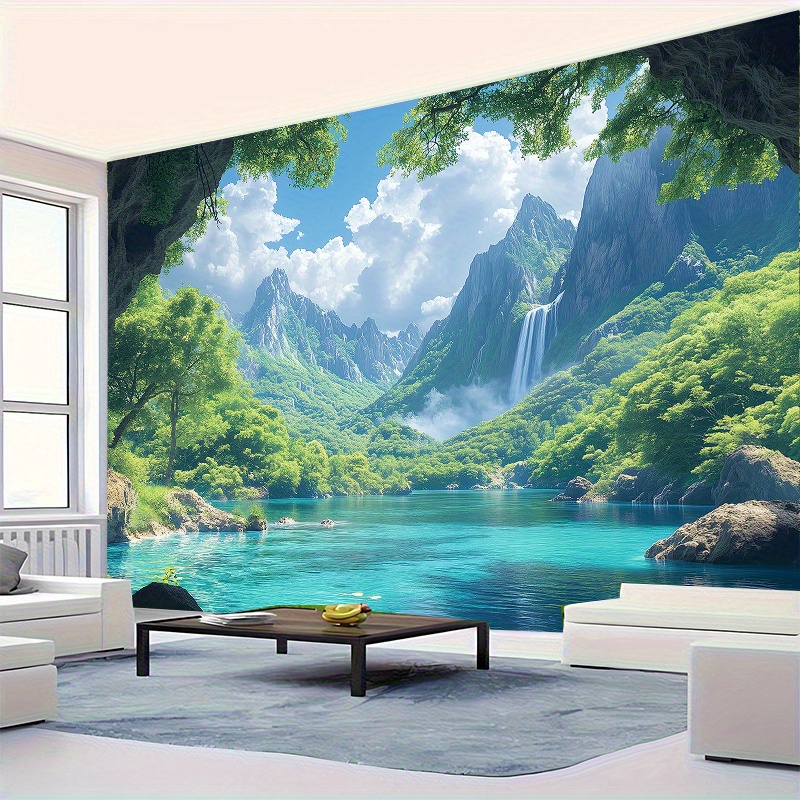 1pc Extra Large Natural Tapestry Tropical Waterfall Lush Greenery Blue Waters Easy Hang No Installation For Living Room Bedroom Party Background_voghion.com