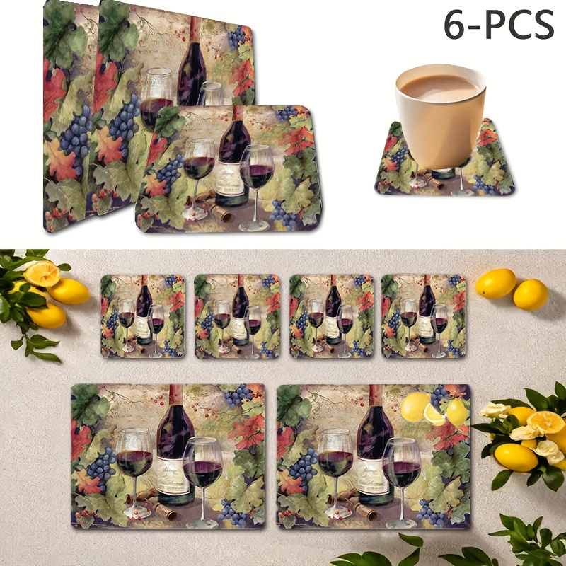 Vintage-Tischsets und Untersetzer aus Holz im künstlerischen Design (6-teilig), Weinmotiv – perfekt für die Dekoration Ihres Zuhauses oder als Geschenk. Enthält 2 große Tischsets._voghion.com