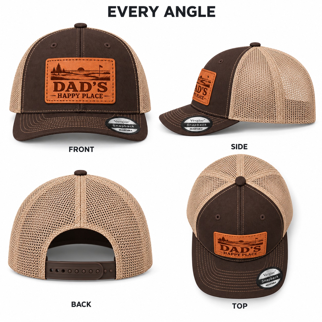 Dad's Happy Place Sunset Golf Course Graphic Leather Patch Trucker Hat product details