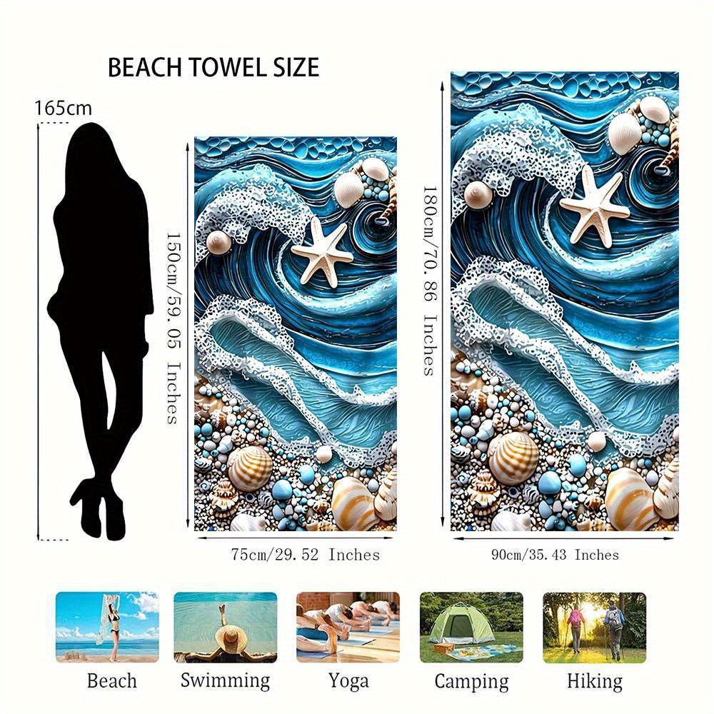 1pc Pack, Microfiber, Beach Towel With Ocean Wave, Seashell, And Starfish Pattern, Quick-Dry Microfiber, Strong Wrap-around Design, Suitable For Beach_voghion.com
