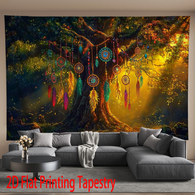 Boho Dreamcatcher Tree Tapestry 2D Flat Printing Fantasy Forest Pattern Polyester Wall Hanging For Home Living Room Bedroom Office Yoga Studio Decor_voghion.com